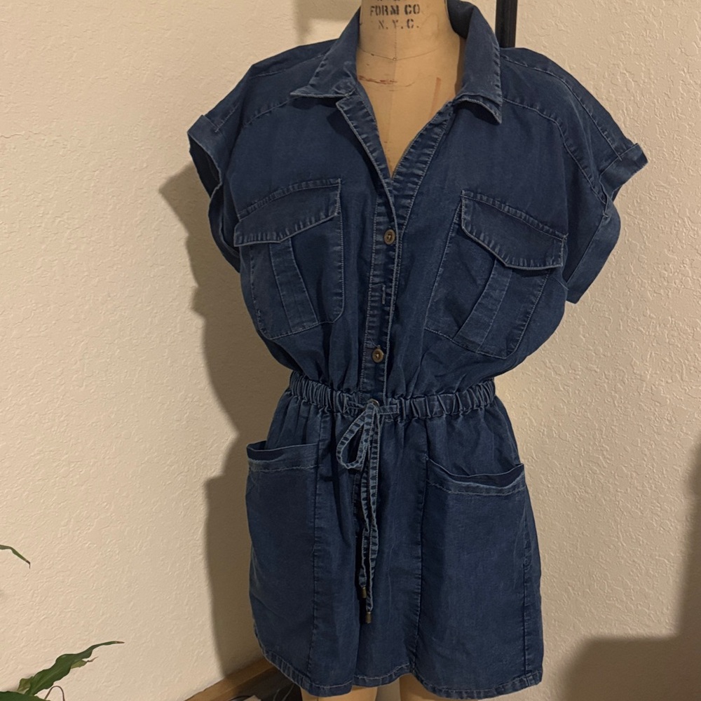 Denim Utility Drawstring Romper in Dark Blue
